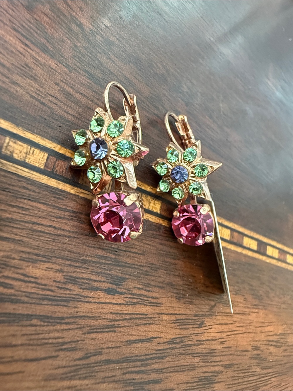 Mariana Pink and Green Crystal Flower Drop Earrings- Rose Gold Plate